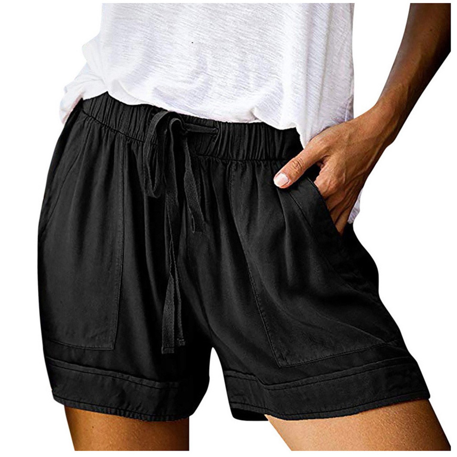thumbnail image 4 of Pantalones cortos cómodos con cordón y cintura elástica para mujer - Pantalones holgados de color liso con bolsillos - Ropa informal de verano de poliéster, 4 of 8